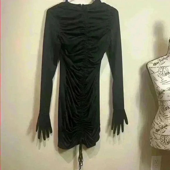 NWT Akira sz Small Black Bodycon Dress Midi Ruched Draped Asymmetrical - Picture 2 of 7